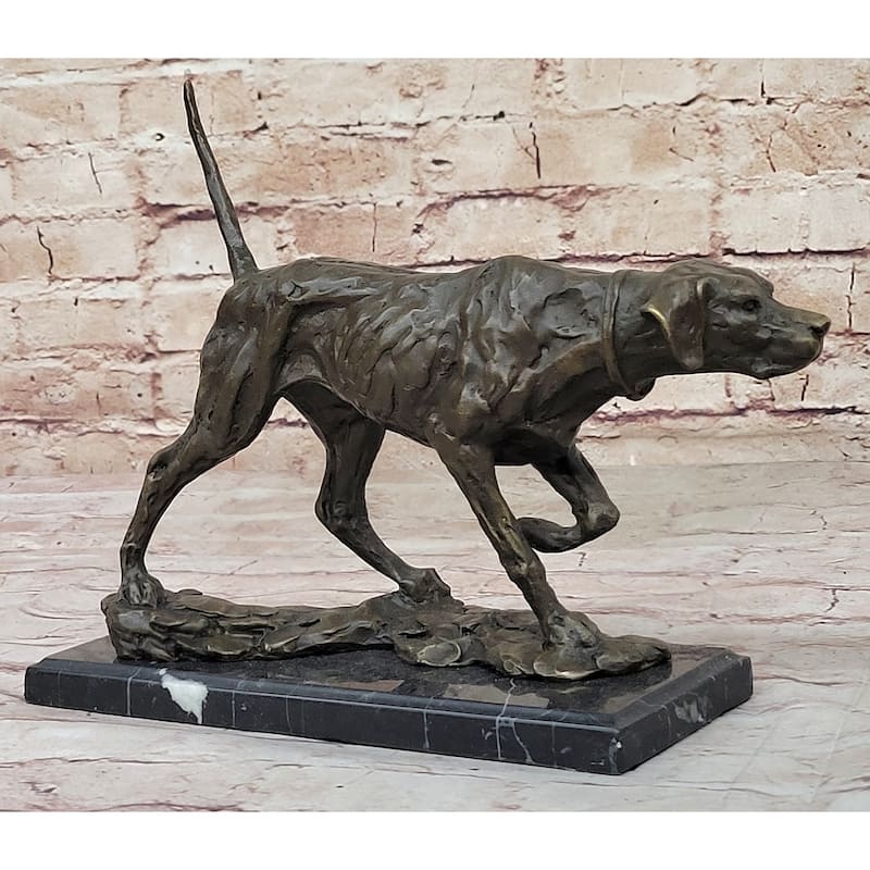 Imitative Dog Following Scent Bronze Sculpture Statue Figure On Marble Base Signed Milo