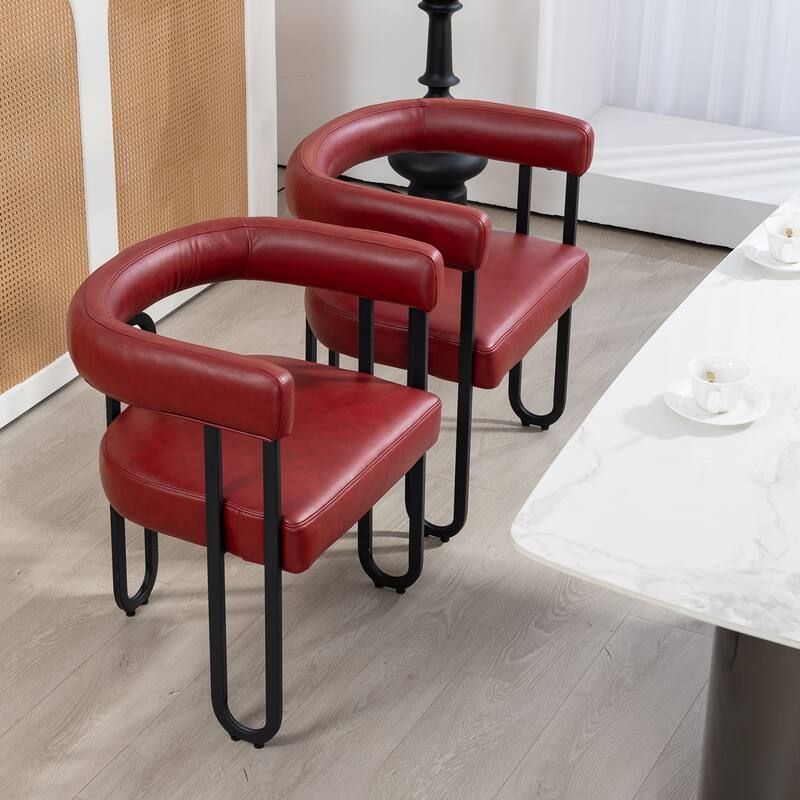 Wine Red PU Upholstered Accent Chair Dining Chair Barrel Side Chairs Kitchen Armchair for Living Room Dressing Room Set of 4