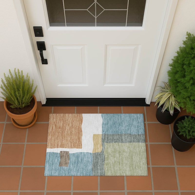 Machine Washable Indoor/ Outdoor Contemporary Blox Chantille Rug - Seafoam - 1'8" x 2'6"