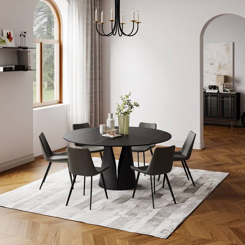 Modern Round White Dining Table，Sintered Stone Tabletop, Solid Black Carbon Steel Base