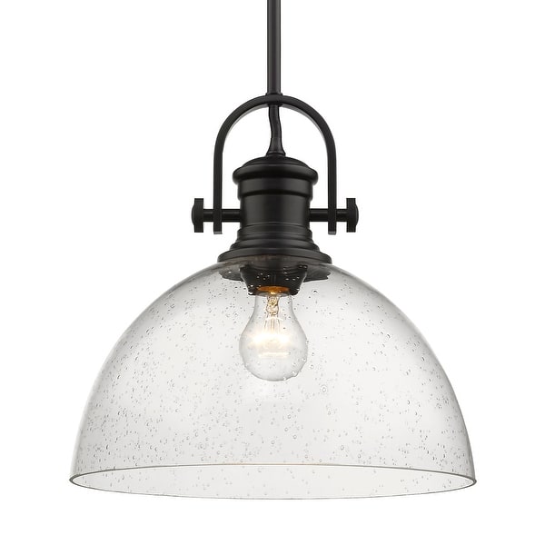 slide 2 of 3, Yep by Golden Lighting Hines 1-light 14in Pendant in Matte Black and Seeded Glass