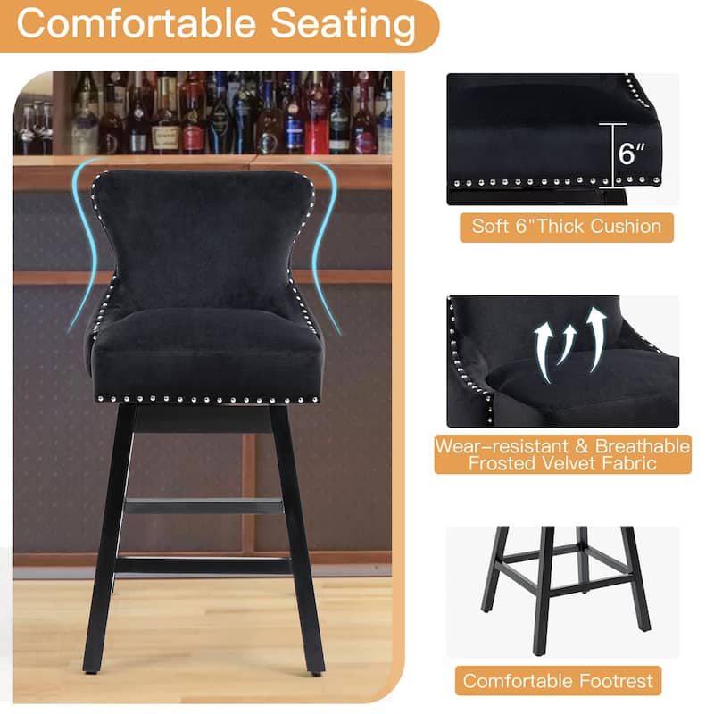 Set of 2 29" Bar Stools – 360° swivel, wood legs, fabric with pull ring, ideal for kitchens, pubs, or cafés - N/A
