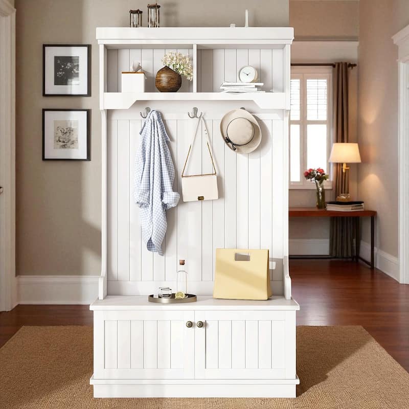 Hall Tree with Shoe Storage Bench, Coat Rack with Hooks, Entryway Organizer, 35.4 x 17 x 64.4 in, 4-in-1 Design - White