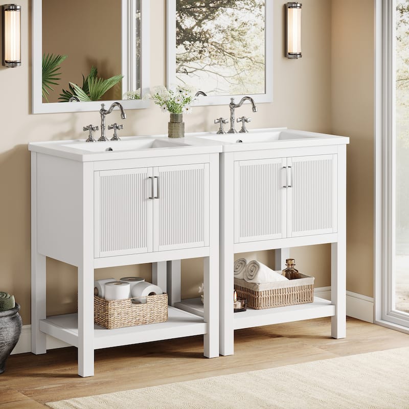 24" Single Bathroom Vanity with Ceramic Sink, Solid Rubberwood Frame & Open Storage Shelf