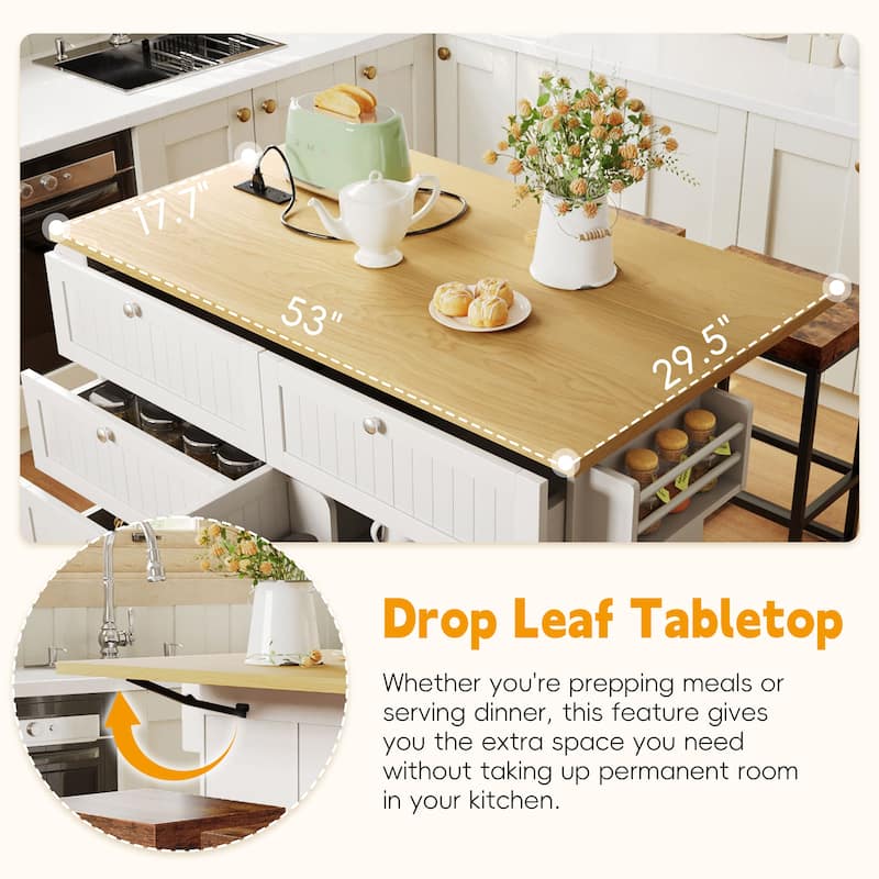 Farmhouse Kitchen Island on Wheels with Drop Leaf, 2 Seating & Power Outlet