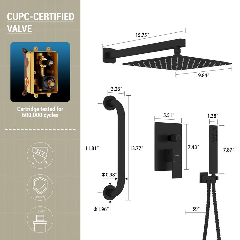 2-Spray 10 in. Wall Mount Fixed and Handheld Shower Head with Shower Grab Bar (Anti Scald Valve Included) - 10" x 10"
