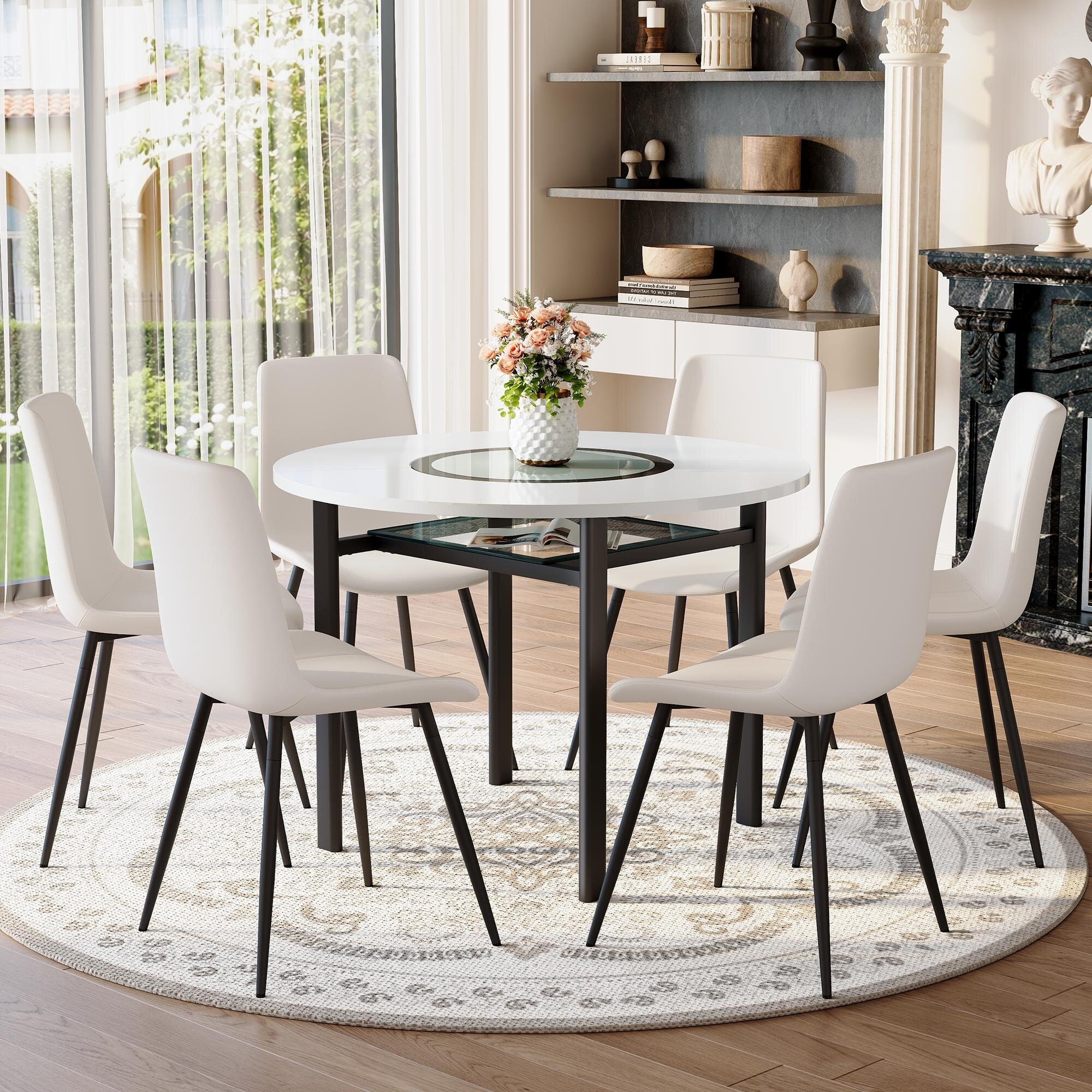 7 Piece Dining Table Set with 42 Inch Round MDF Top Glass Insert 4