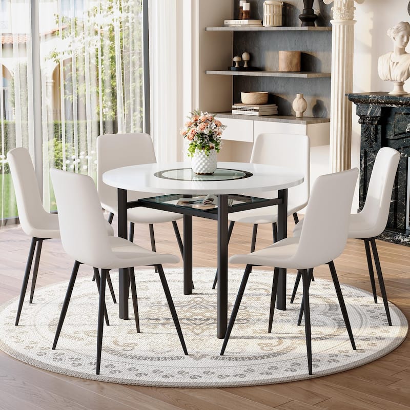 7 Piece Dining Table Set with 42 Inch Round MDF Top Glass Insert 4 PU Chairs