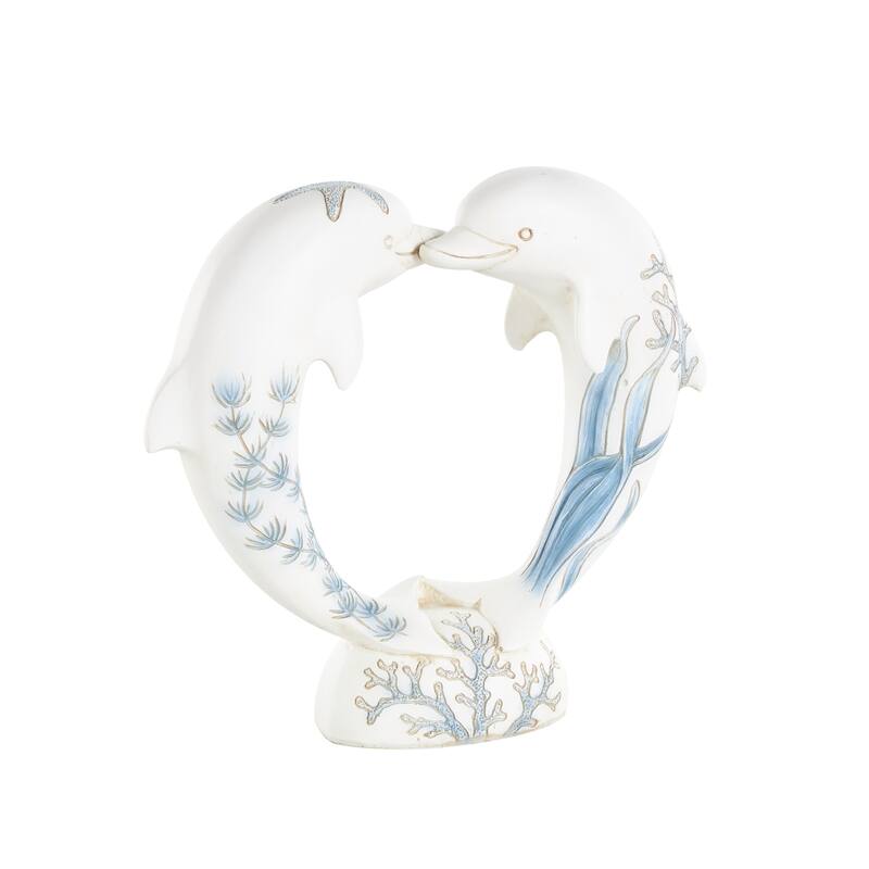 White Polystone Heart Shaped Dolphin Decorative Sculpture with Blue Coral Patterns