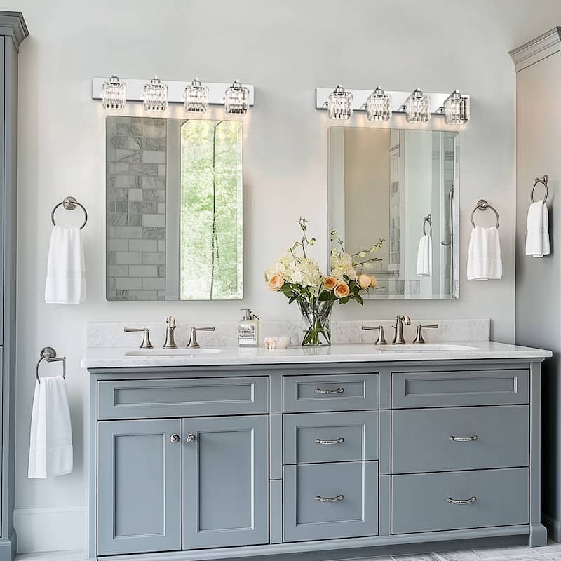 YANSUN 4-Light Vanity Light with Chrome Frame and Crystal Shades for Bathroom or Vanity