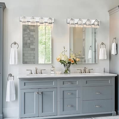 YANSUN 4-Light Vanity Light with Chrome Frame and Crystal Shades for Bathroom or Vanity