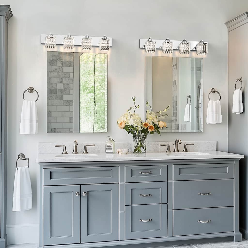 YANSUN 4-Light Vanity Light with Chrome Frame and Crystal Shades for Bathroom or Vanity
