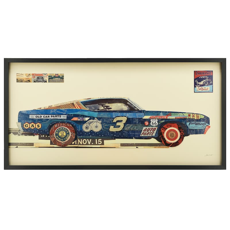 "Muscle Blue Car" Dimensional Collage Framed Graphic Glass Wall Art
