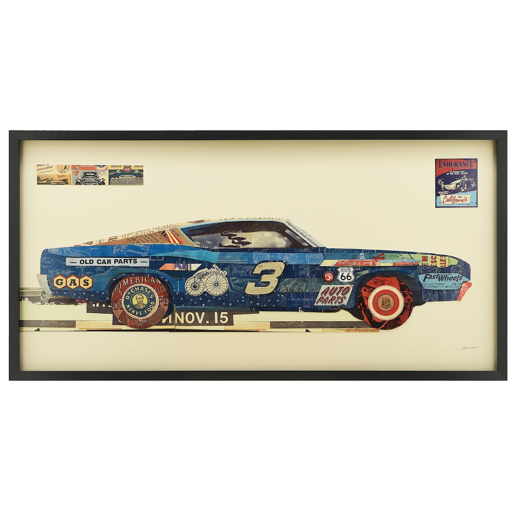 "Muscle Blue Car" Dimensional Collage Framed Graphic Glass Wall Art