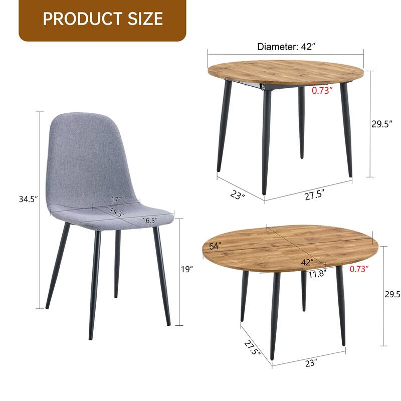 Wood Kitchen Table Set with 4 Chairs, 5-Piece Round Dining Set with Extendable Dining Table for Dining Room