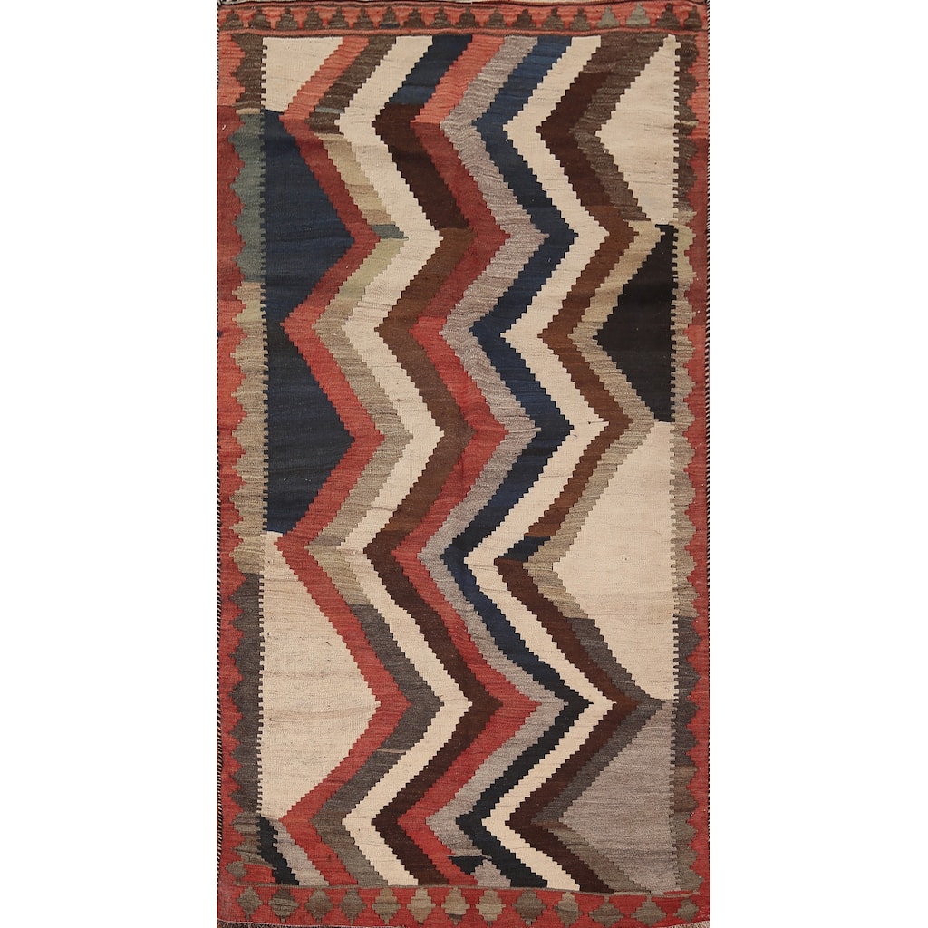 Chevron Handwoven Kilim Persian Vintage Rug Flatweave Wool Carpet - 4'10" X 9'0"