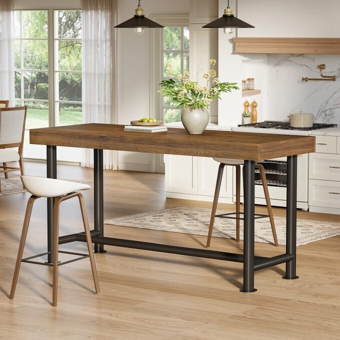 63-Inch Solid Wood Bar Height Dining Pub Table with Metal Frame