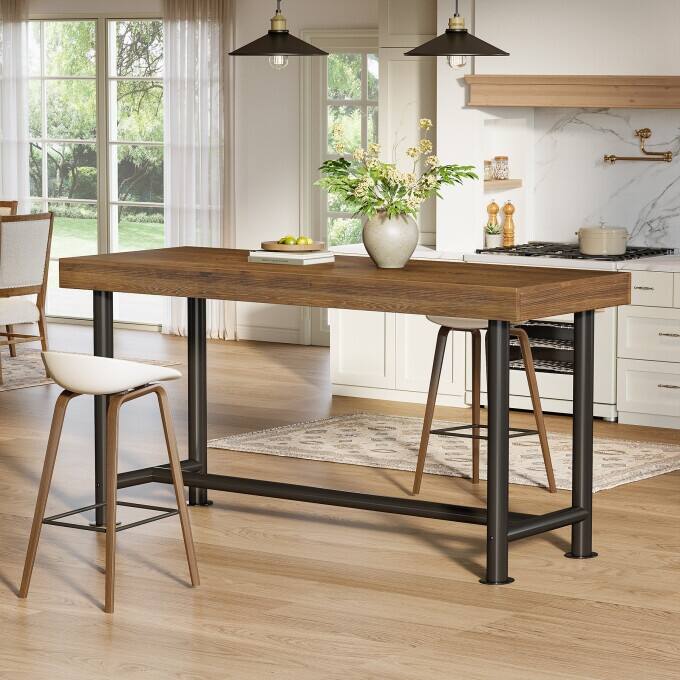 Industrial 63-Inch Solid Wood Bar Table with Metal Frame - Brown&Black
