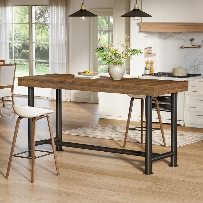 Industrial 63-Inch Solid Wood Bar Table with Metal Frame