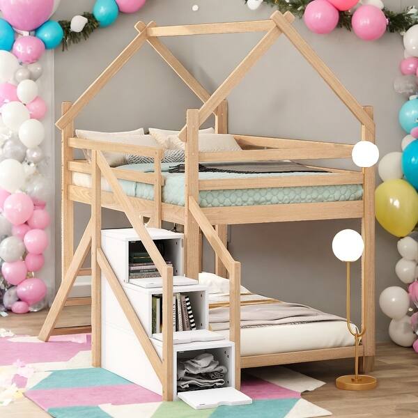 slide 2 of 10, Twin over Twin Functional Design House Loft or Bunk Bed with Slide and Staircase, Storage Space,Easy Assembly,Natural Natural