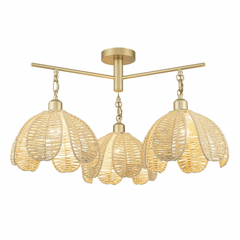 Cali 3-Light Rattan Floral Semi Flush Mount, Coastal Boho - Handwoven - 20 in. Wide