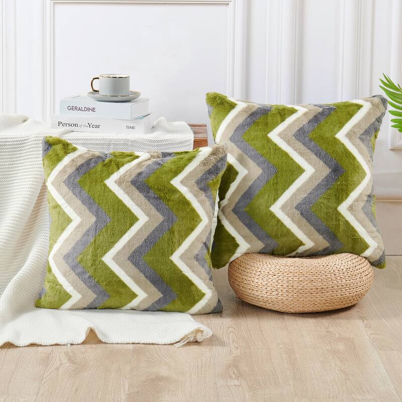 FauxFur Chevron Pillow Shell 2 Piece Set, NO INSERT - 20"x20" - Taupe Green