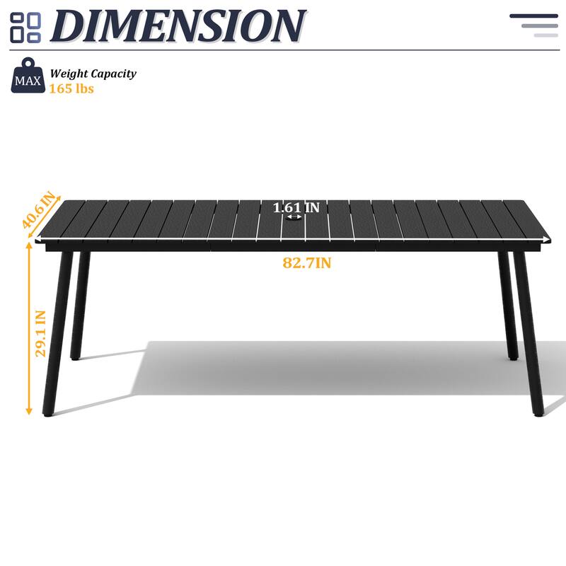 82.7in Outdoor Patio Rectangle Aluminum Wood-Like Dining Table with Umbrella Hole