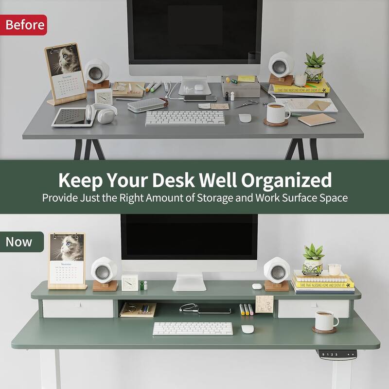 FEZIBO Height Adjustable Electric Standing Desk with Double Drawer, Stand Up Desk with Storage Shelf, Sit Stand Desk
