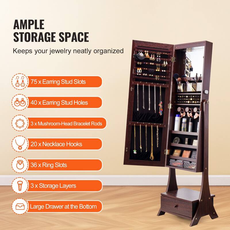 Full-Length Standing Mirror with Lockable Jewelry Cabinet Velvet Lining and Rotating Earring Holder