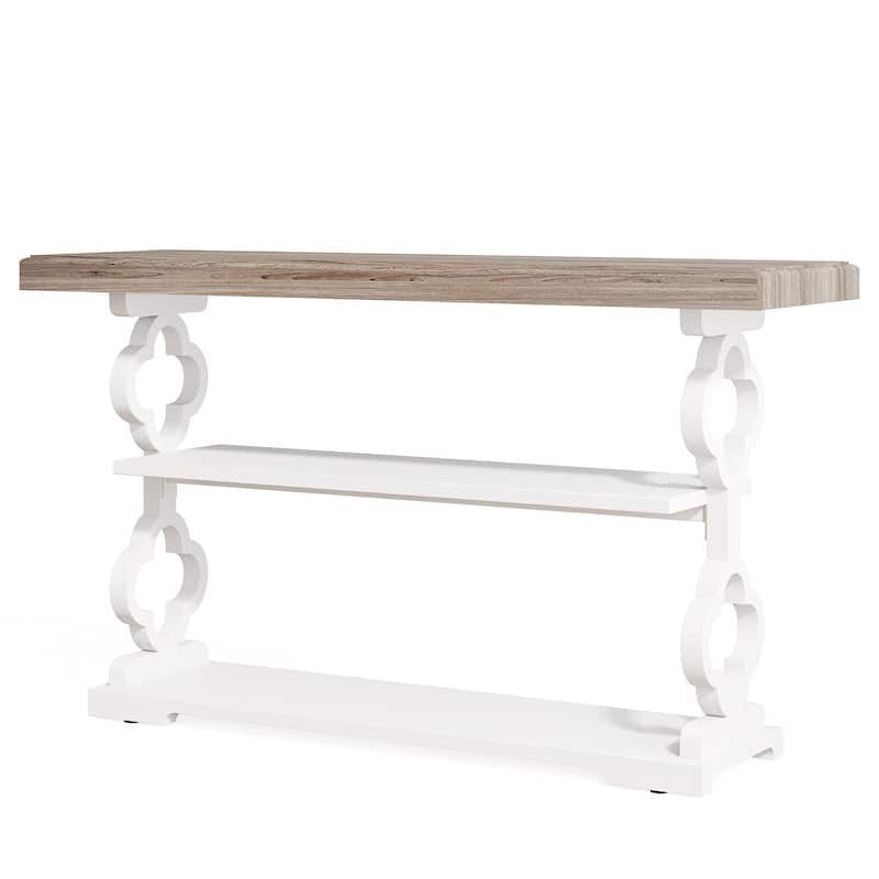 55" French Country Console Table - Farmhouse Sofa Table with 3 Storage Shelves for Hallway, Foyer & Living Room