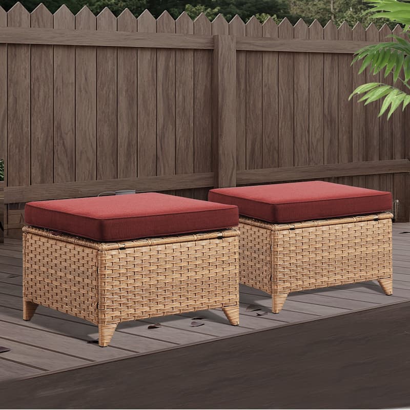 Wicker Rattan Ottoman Outdoor Patio Ottoman - Yellow - Red