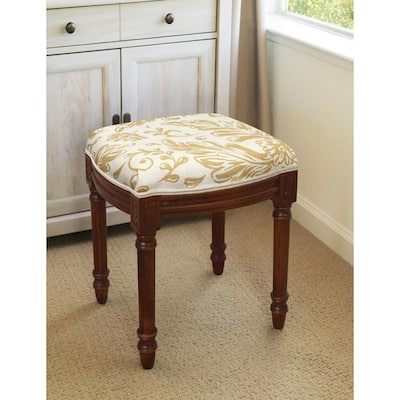 Tan Tuscan Floral Vanity Stool with wood stained finish