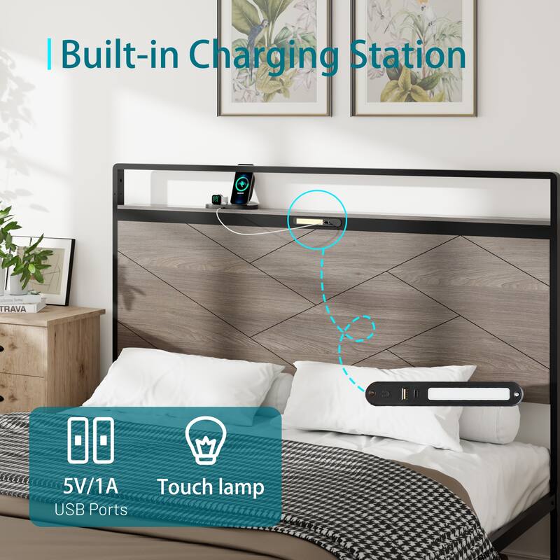 Full Size Wooden Platform Bed Frame with Storage, LED Headboard, USB Ports, Under-Bed Storage, Antique Grey