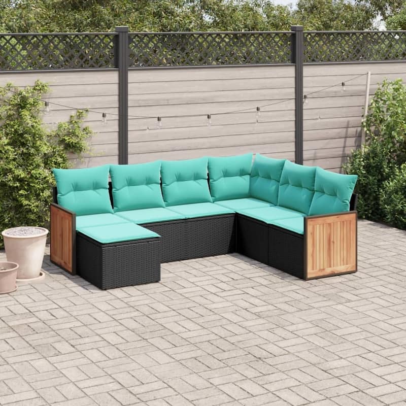vidaXL 7 Piece Patio Sofa Set with Cushions Black Poly Rattan - 21.7x27.2x24.4-Without table