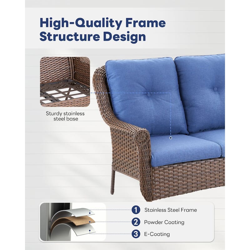 Outdoor Patio 3-Seat Sofa with 2 Ottomans