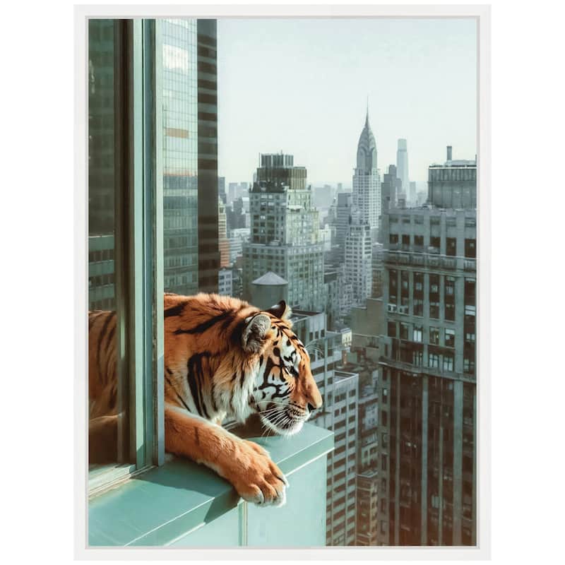 Kate and Laurel Sylvie Urban Tiger Overlooking Manhattan Framed Canvas by Michael Schauer