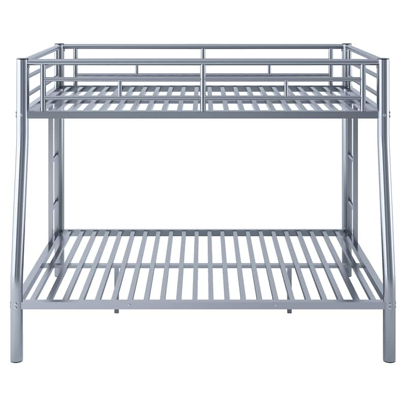 Silver Full XL over Queen Size Metal Bunk Bed with Ladder & Guardrails for Kids