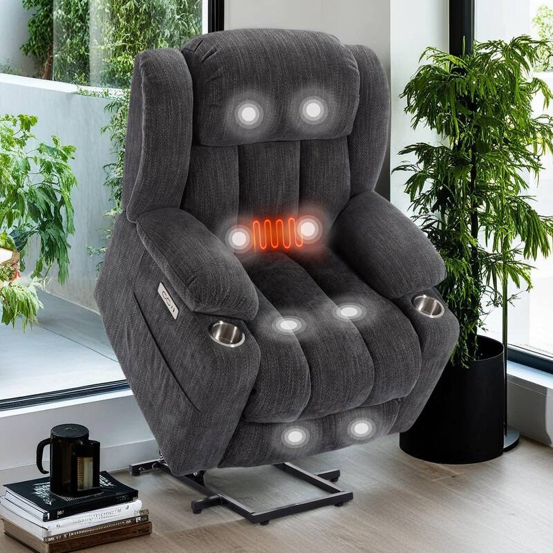 Chenille Power Lift Recliner Chair with Massage and Lumbar Heating, Dual Cup Holders - Dark Gray