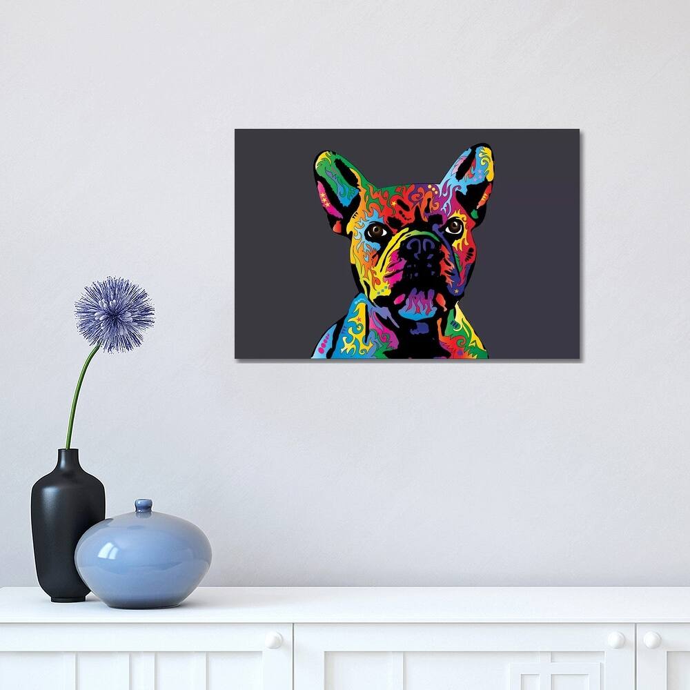 iCanvas "Rainbow French Bulldog On Grey" by Michael Tompsett Canvas Print