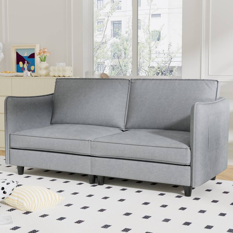 Simple Sofa Couch Loveseat with Side Storage Pockets, 2-Seater Settee Wood Sofa Couch with Wood Frame