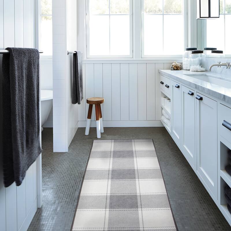 My Magic Carpet Machine Washable Area Rug Buffalo Plaid Grey And White - 2.5' X 7'