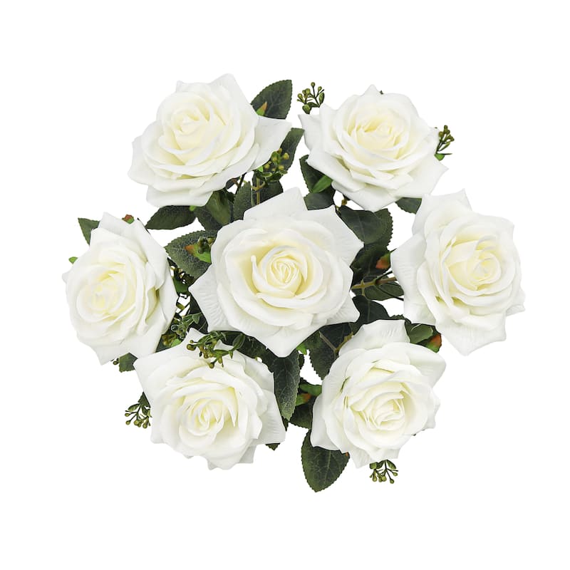 Set of 2 Cream White Artificial Queen Tea Rose Flower Stem Bush Bouquet 17in - 17" L x 9" W x 9" DP