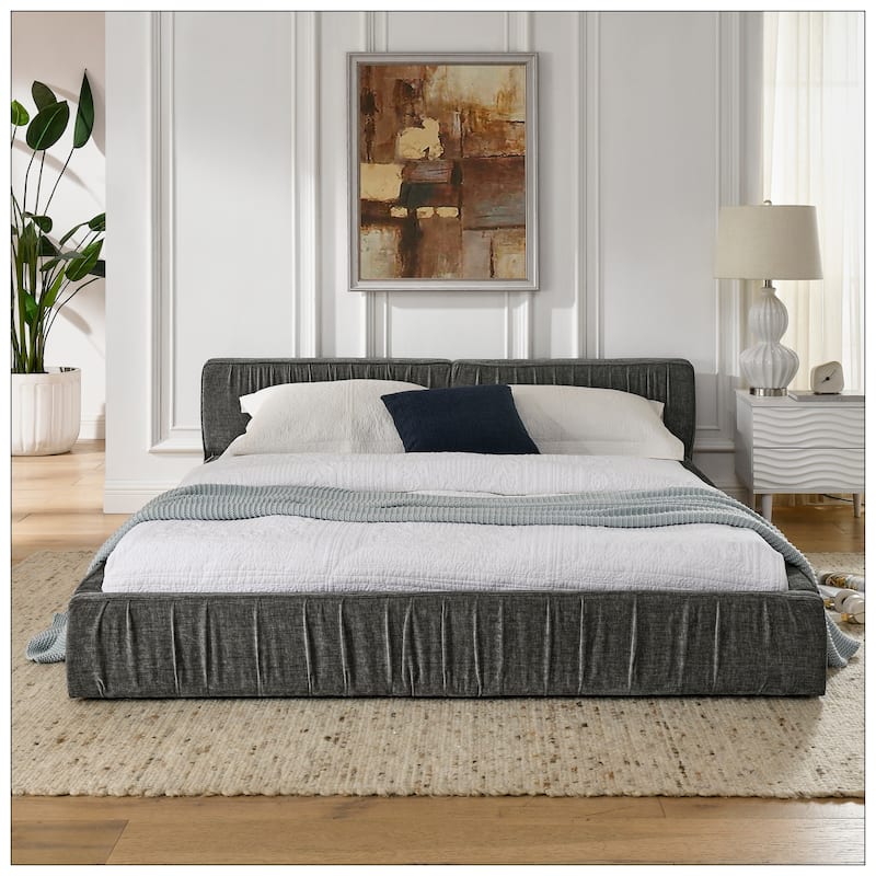 Queen Size Upholstered Bed Frame with Chenille fabric with pleated design