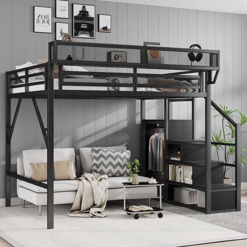Queen Size Loft Bed with Stairs, Metal Queen Loft Bed with Storage Shelves, High Loft Bed with Wardrobe for Kids Teens Adults