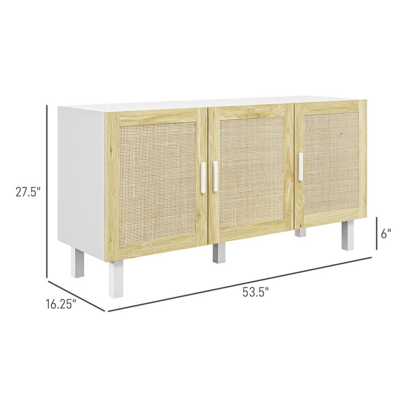 Boho Sideboard Buffet Cabinet with 3-Rattan Doors and Adjustable Shelves, White & Natural