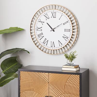 White Metal Wall Clock with Gold Frame and Radial Beading - 24 x 2 x 24