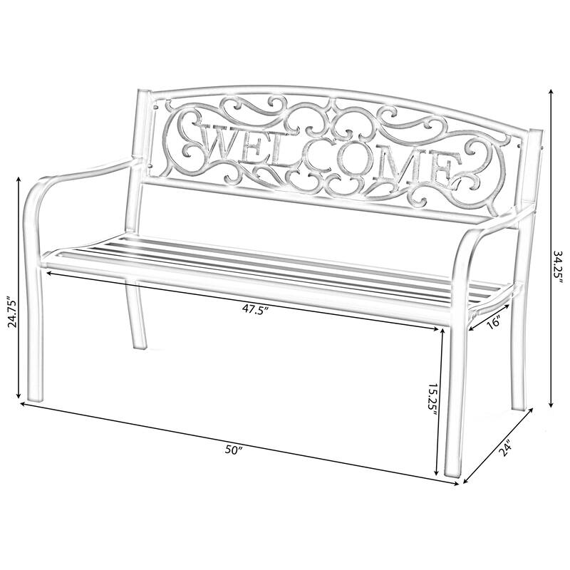 Steel Outdoor Patio Garden Park Seating Bench with Cast Iron "Welcome" Backrest, Front Porch Yard Bench Lawn Decor