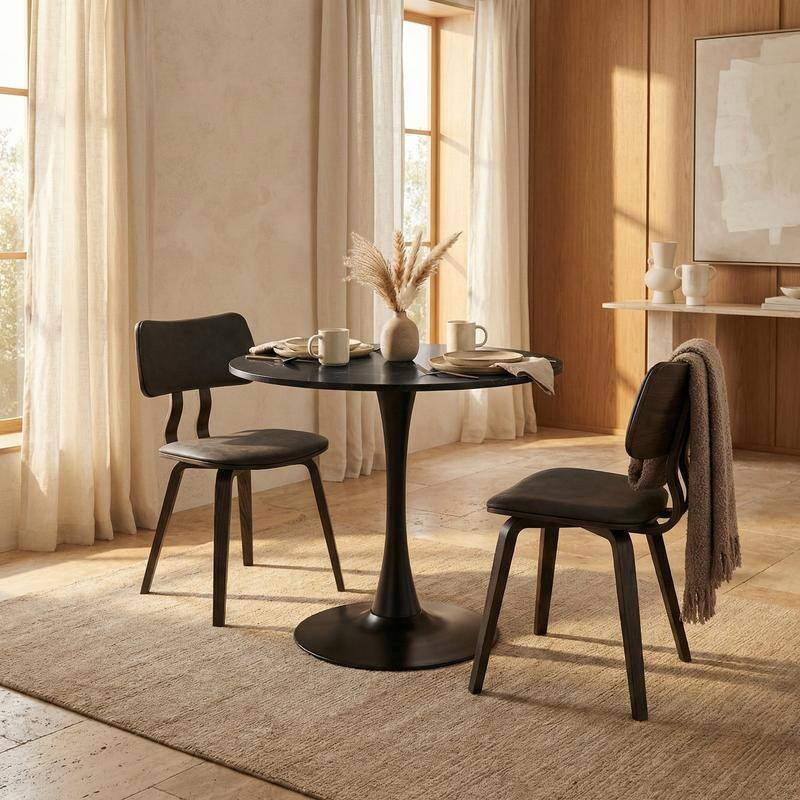 Bristol Modern Solid Wood Top Dining Table with Powder Coated Stainless Steel Pedestal Black Base for Home Kitchen or Restaurant