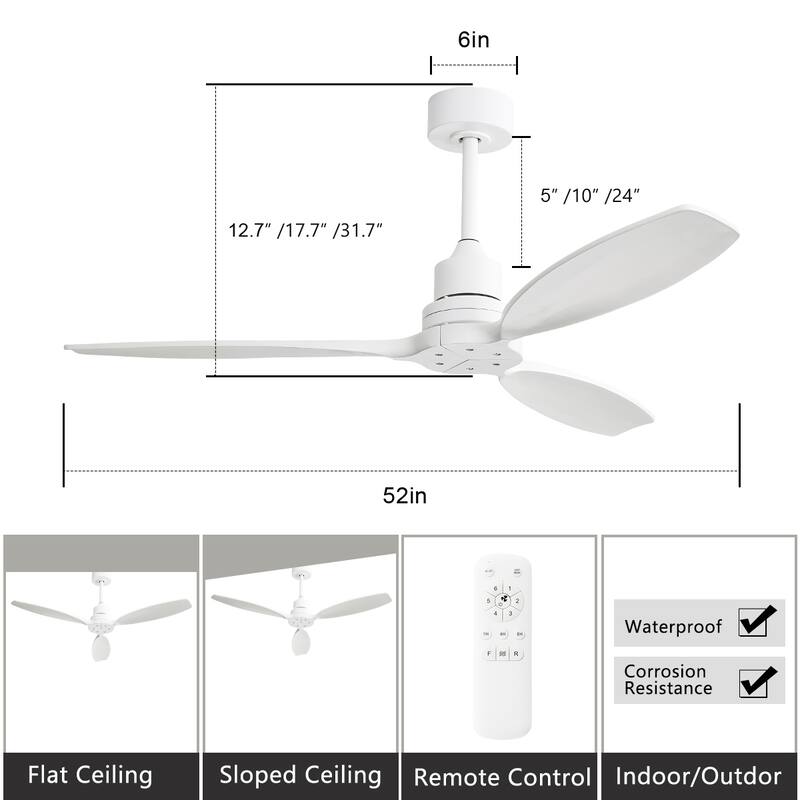 52" White Ceiling Fan with Remote,Reversible Wood Blades,Indoor and Outdoor,Angled Ceiling Adaptable - 52 Inch
