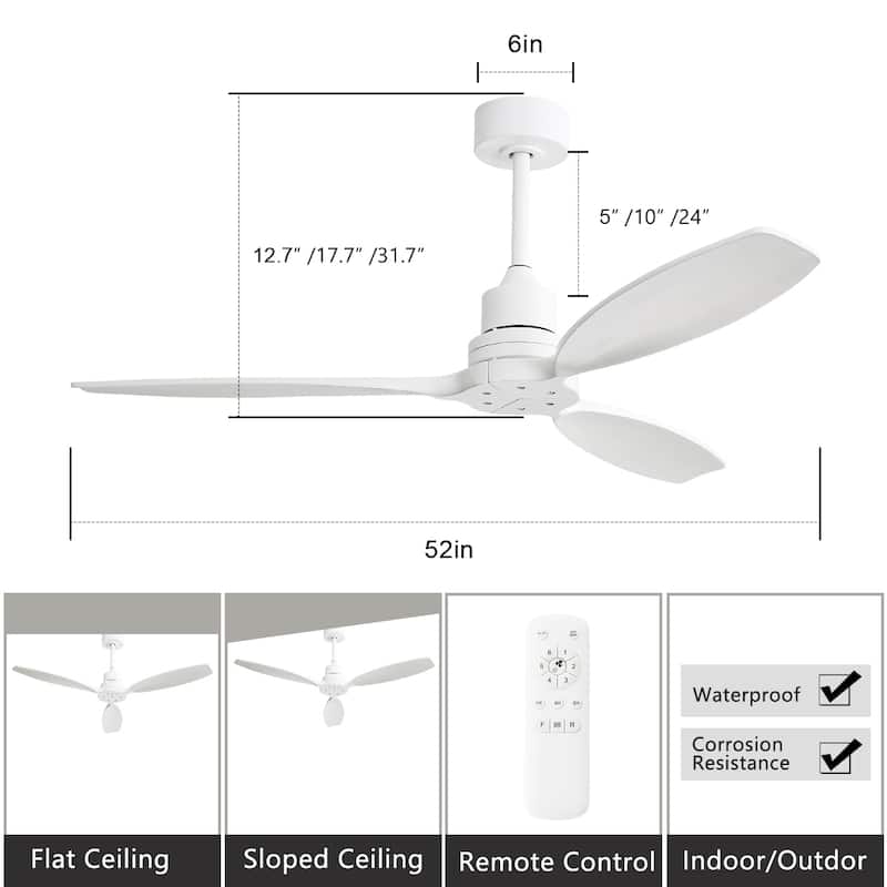 52 inch Wood Ceiling Fan with Light and Remote, Dimmable LED and Reversible DC Motor